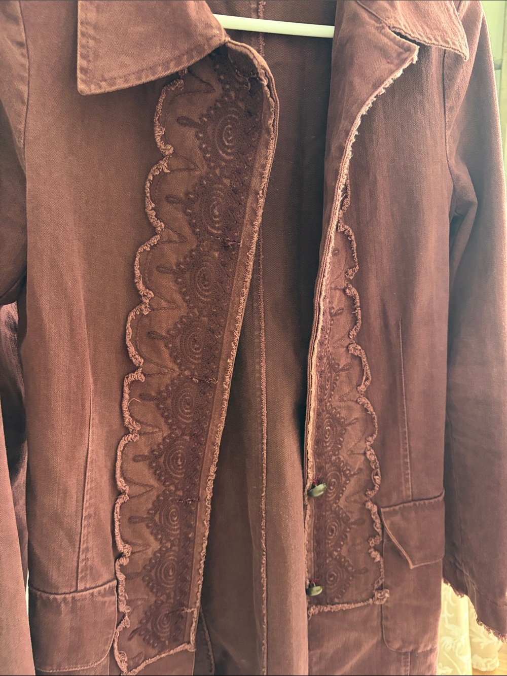 Vintage Lee Cooper Women's Long Burgundy Boho Jacket with Scalloped Trim - Picture 4 of 10